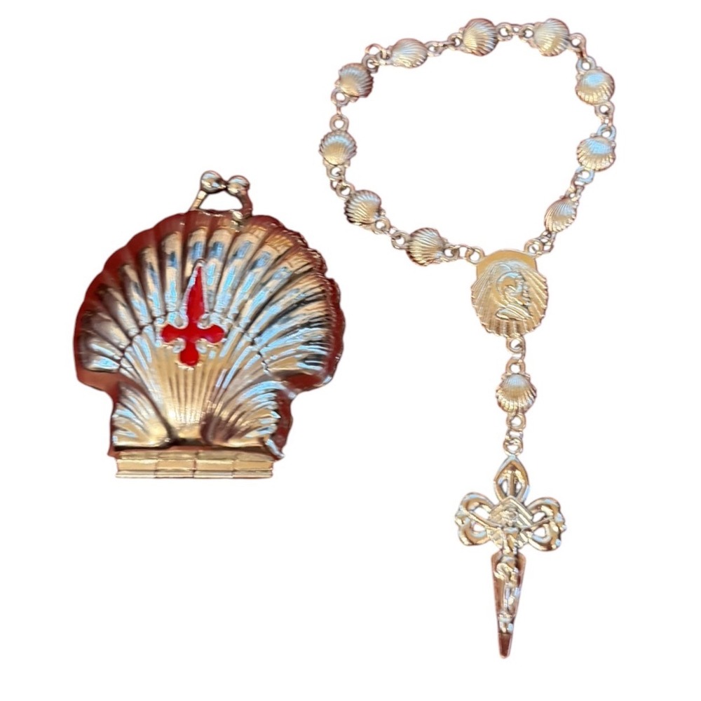 Vtg ANTIQUE SANTIAGO de COMPOSTELA SILVERED Clam Shell ROSARIO ROSARY + Bracelet